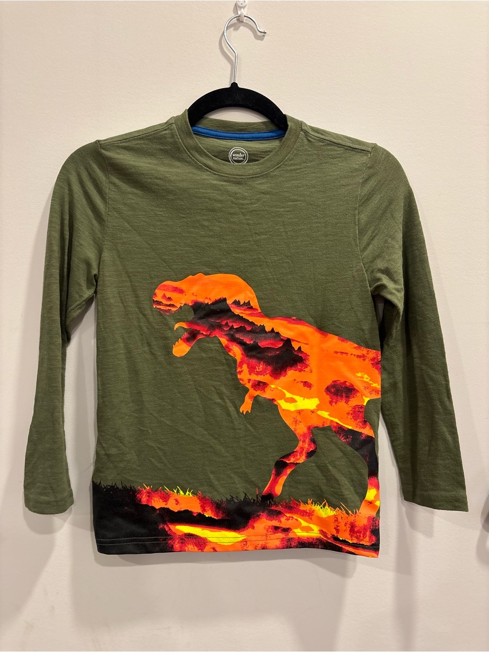 Olive Green Long Sleeve Tee with Vibrant Orange Dino Graphic